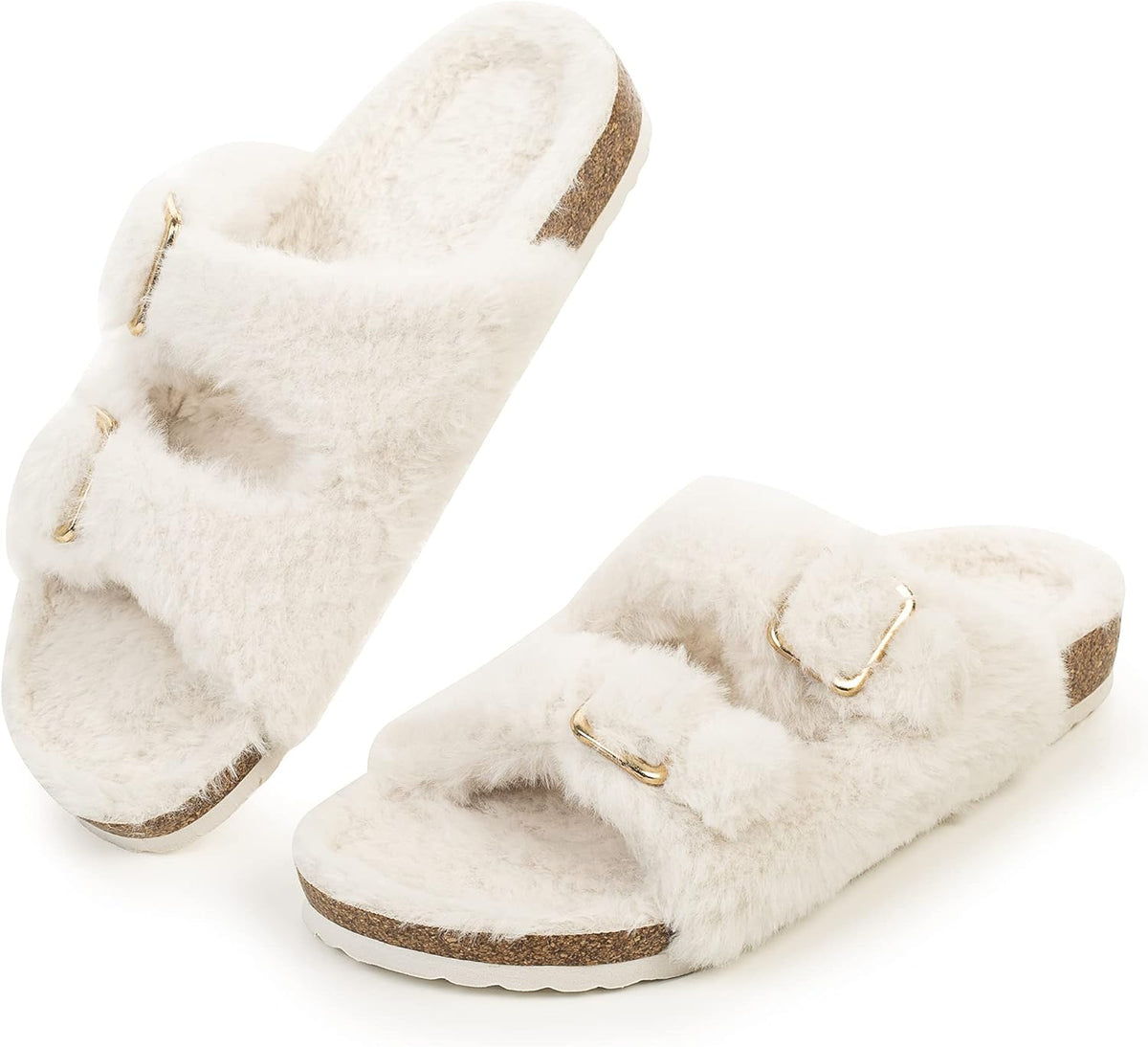 FITORY Womens Open Toe Slipper with Cozy Lining,Faux Rabbit Fur Cork Slide Sandals Size 6-11