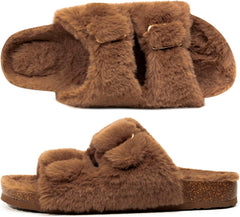 FITORY Womens Open Toe Slipper with Cozy Lining,Faux Rabbit Fur Cork Slide Sandals Size 6-11