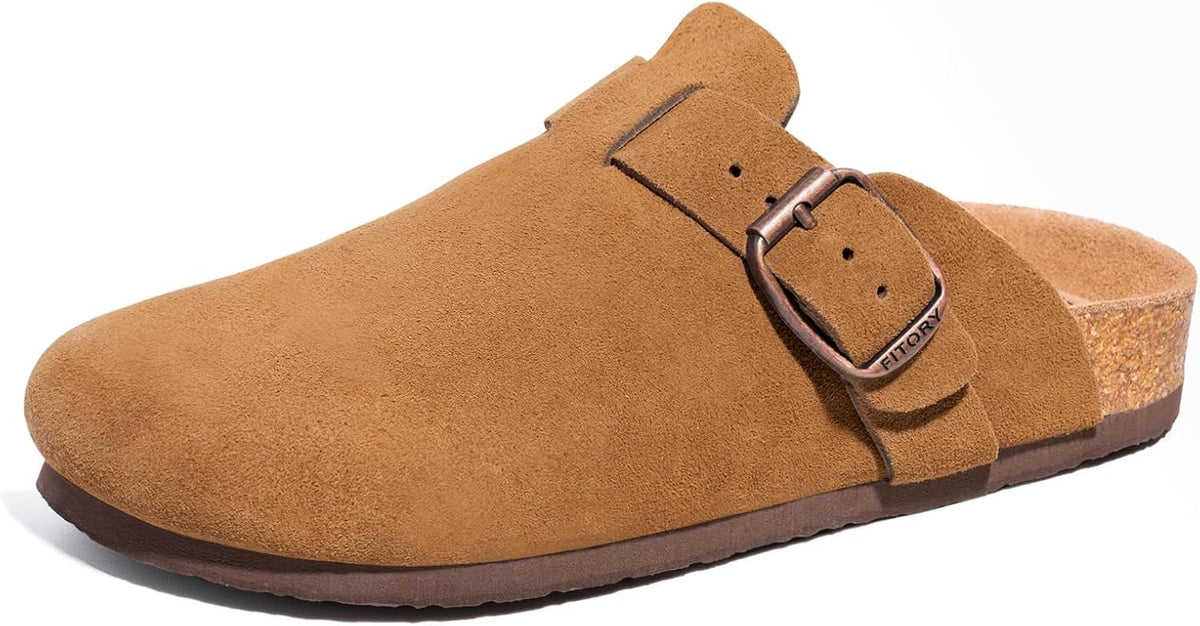 FITORY Mens Suede Clogs with Arch Support，Leather Cork Footed Mules Size 7-14