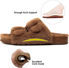 FITORY Womens Open Toe Slipper with Cozy Lining,Faux Rabbit Fur Cork Slide Sandals Size 6-11